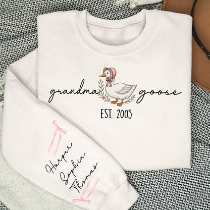Sweat-shirt personnalisé à manches longues imprimé Mama Goose Est., cadeau pour maman et grand-mère