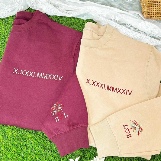 Personalized Embroidered Roman Numeral Sweatshirt With Firework Initials On Sleeve For Couple