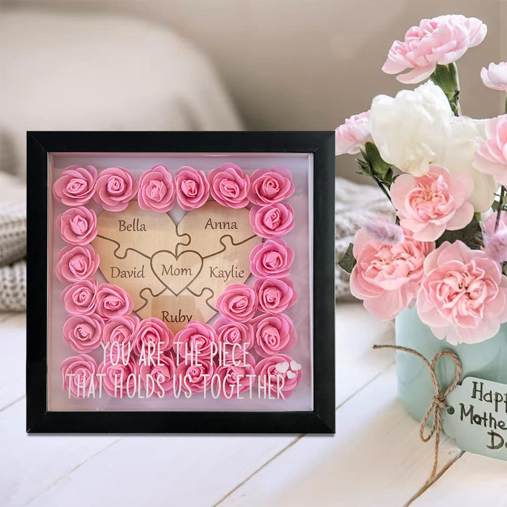 Personalized Puzzle Piece Mom Heart Shaped Flower Shadow LED Box
