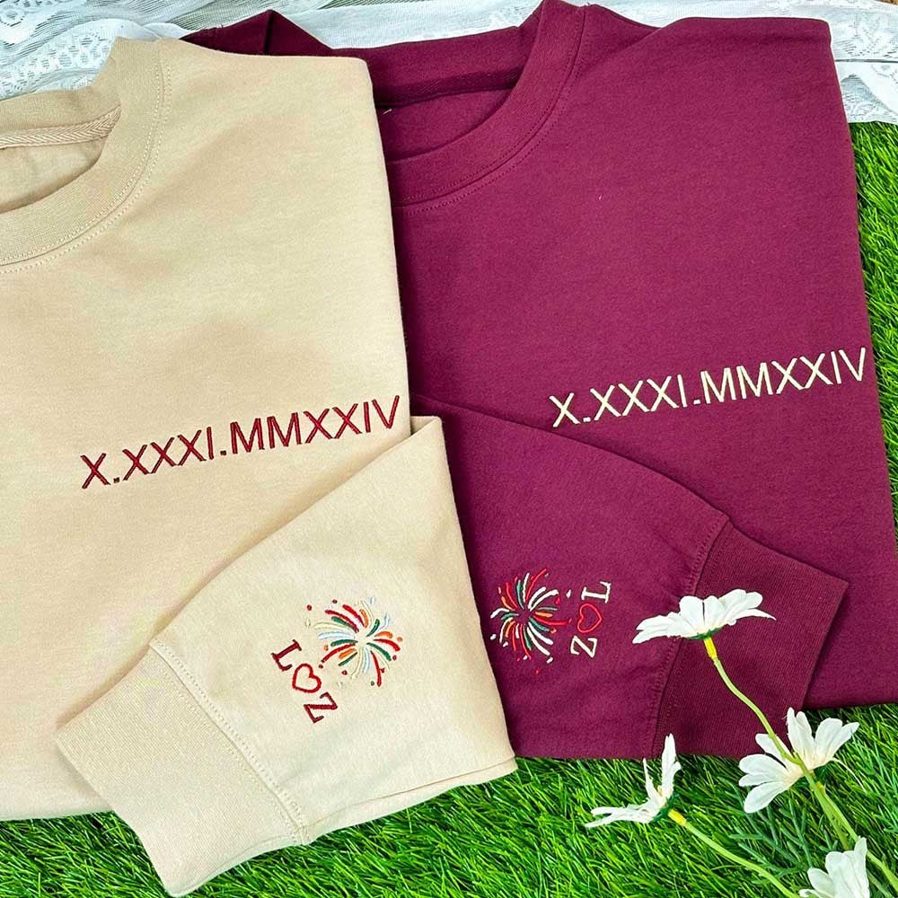 Personalized Embroidered Roman Numeral Sweatshirt With Firework Initials On Sleeve For Couple