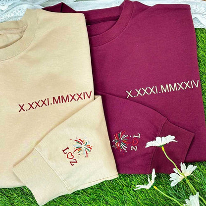 Personalized Embroidered Roman Numeral Sweatshirt With Firework Initials On Sleeve For Couple