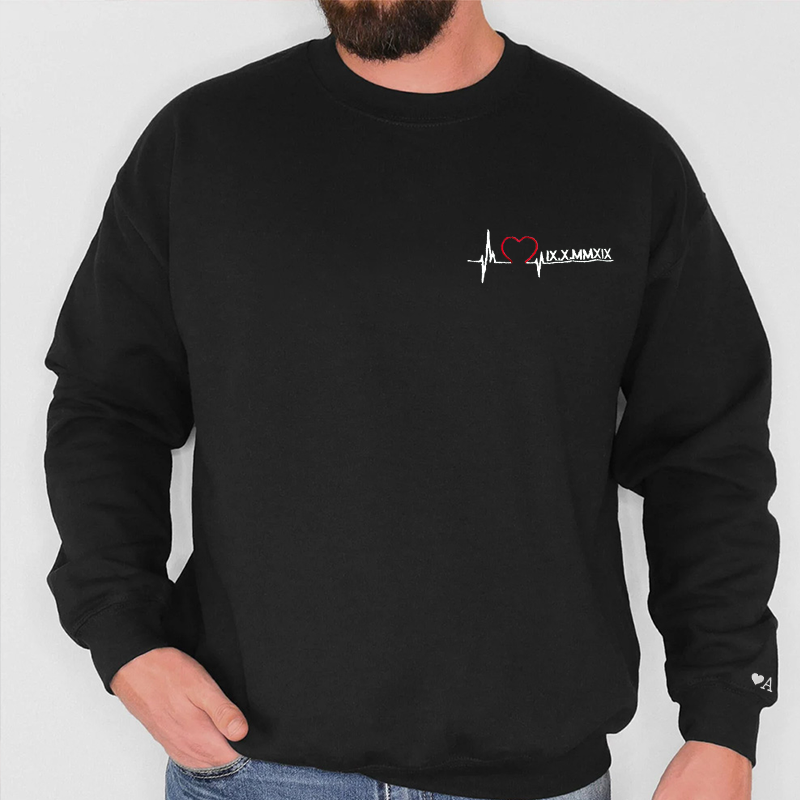 Custom Heart Beating Roman Numeral Embroidered Sweatshirt