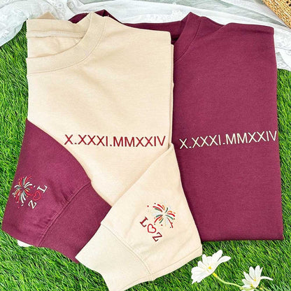 Personalized Embroidered Roman Numeral Sweatshirt With Firework Initials On Sleeve For Couple