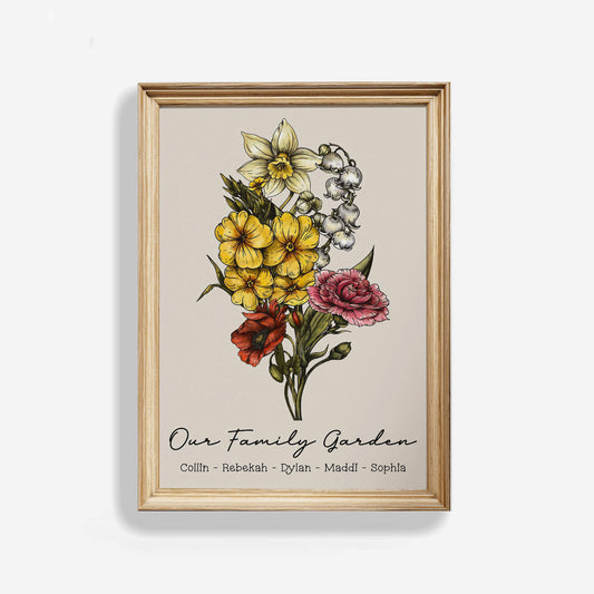 Vintage Custom Birth Flower Family Bouquet Names Frame