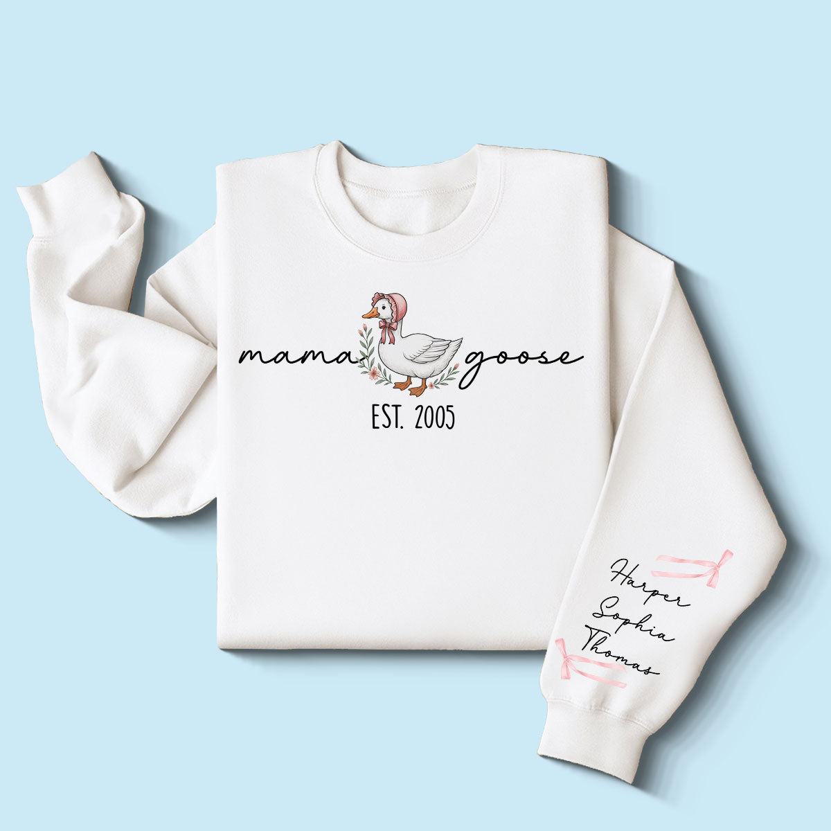 Sweat-shirt personnalisé à manches longues imprimé Mama Goose Est., cadeau pour maman et grand-mère