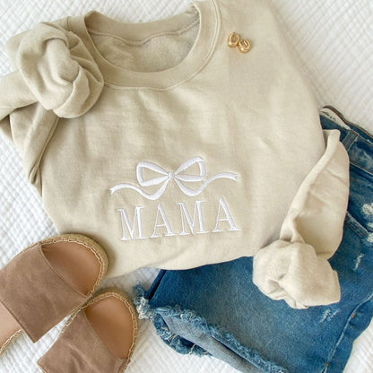 Cute and Trendy Mama Bow Embroidered Sweatshirt