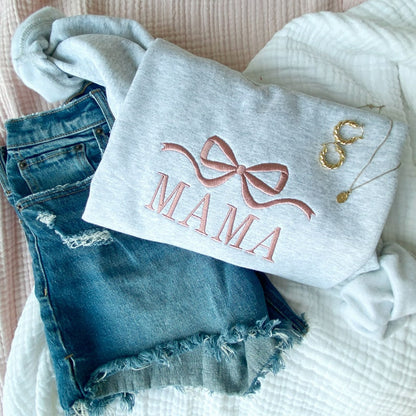 Cute and Trendy Mama Bow Embroidered Sweatshirt