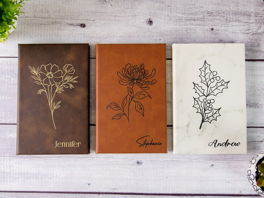 Personalized Engraved Leather Journal For Women, Customized Birth Flower Notebook, Custom Diary for Women, Mother's Day Gift, Gift for Mom