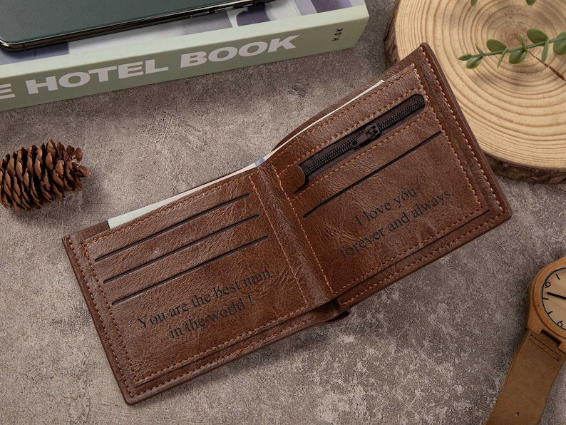 Custom Engraved Leather Wallet for Men, Personalized Gifts for Him, Anniversary Gifts for Father, Dad, Husband, Boyfriend, Leather Accessory