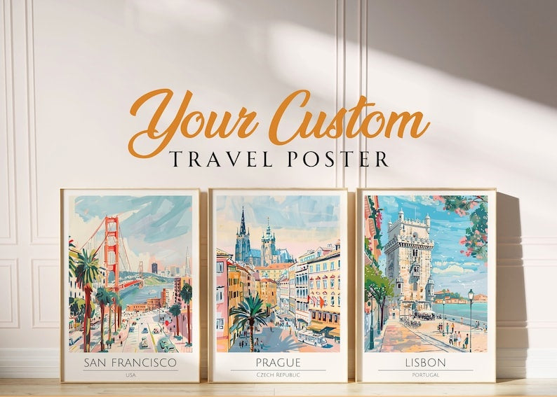 Affiche de voyage personnalisée, impression personnalisée, art mural tendance, voyage rétro, décoration maximaliste, impressions tendance pour dortoir, voyage coloré
