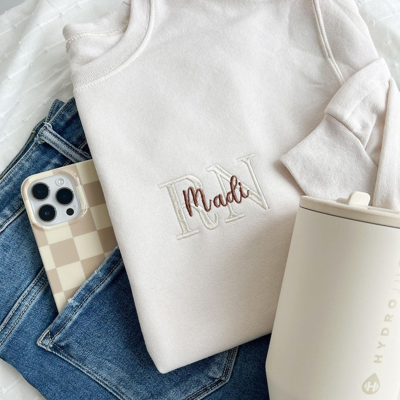 Personalized Embroidered RN Sweatshirt with Custom Name