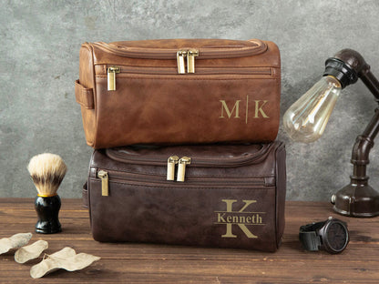 Personalized Men's Leather Toiletry Bag, Groomsmen Gifts, Engraved Dopp Kit, Christmas Gift for Him, Travel Toiletry Bag, Leather Accessory