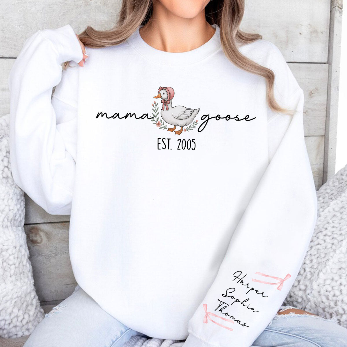Sweat-shirt personnalisé à manches longues imprimé Mama Goose Est., cadeau pour maman et grand-mère