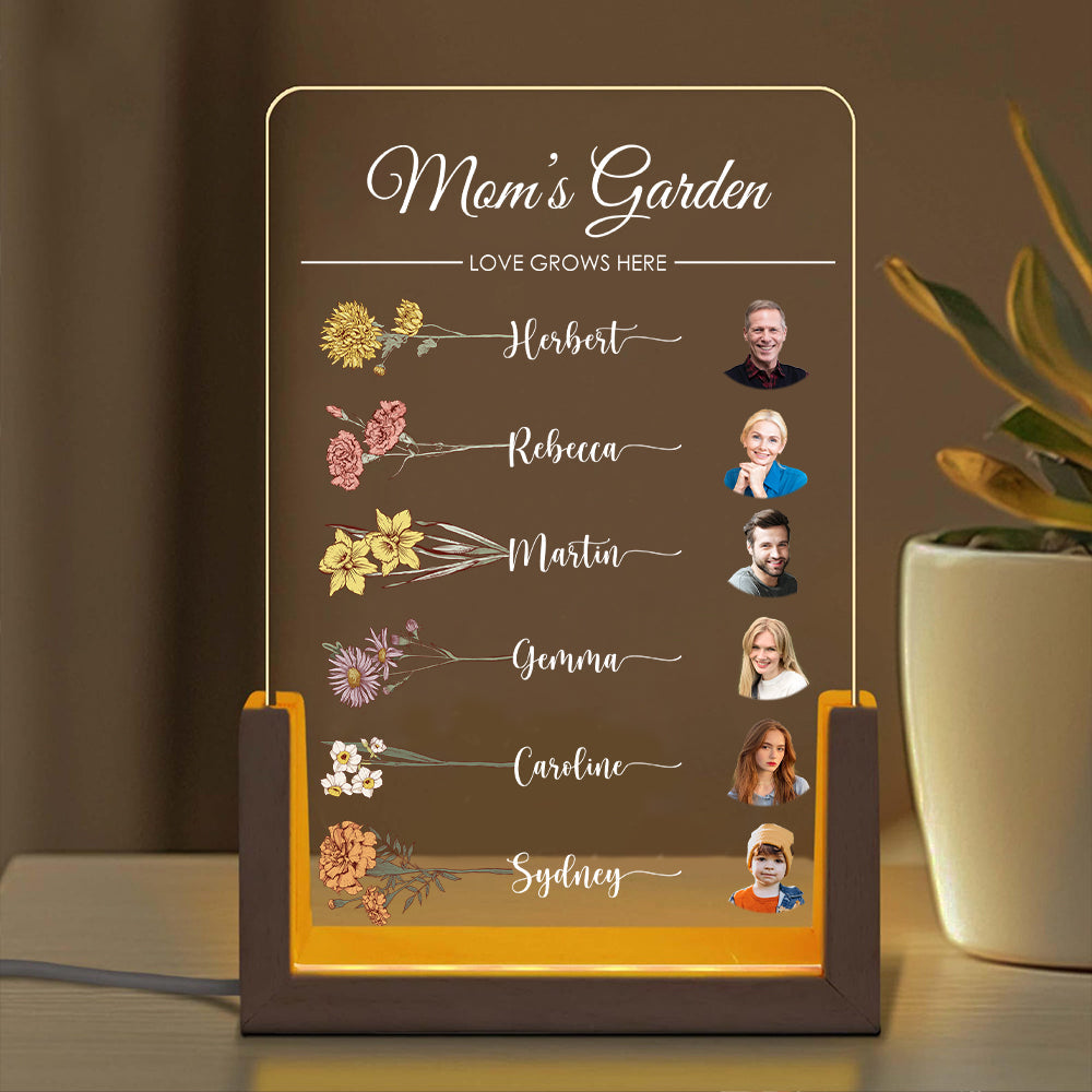 Let Love Grow In Mom's Garden Custom Family Birth Flower With Name & Photo Led Light